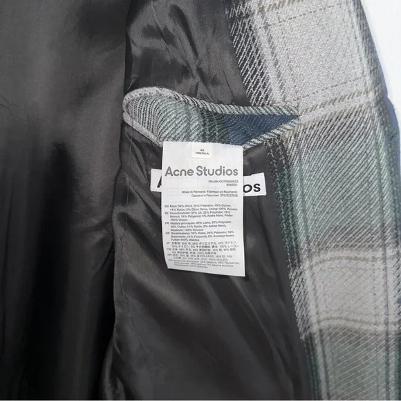 Acne Studios Oversized Plaid Wool Blend Coat in Navy, Grey & Green size US38 - Picture 2 of 14